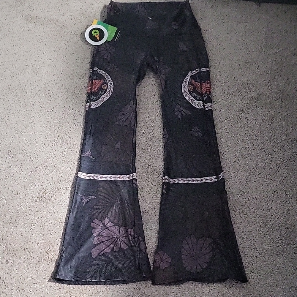 Black YOGA DEMOCRACY Split Flared Pants with Floral Design